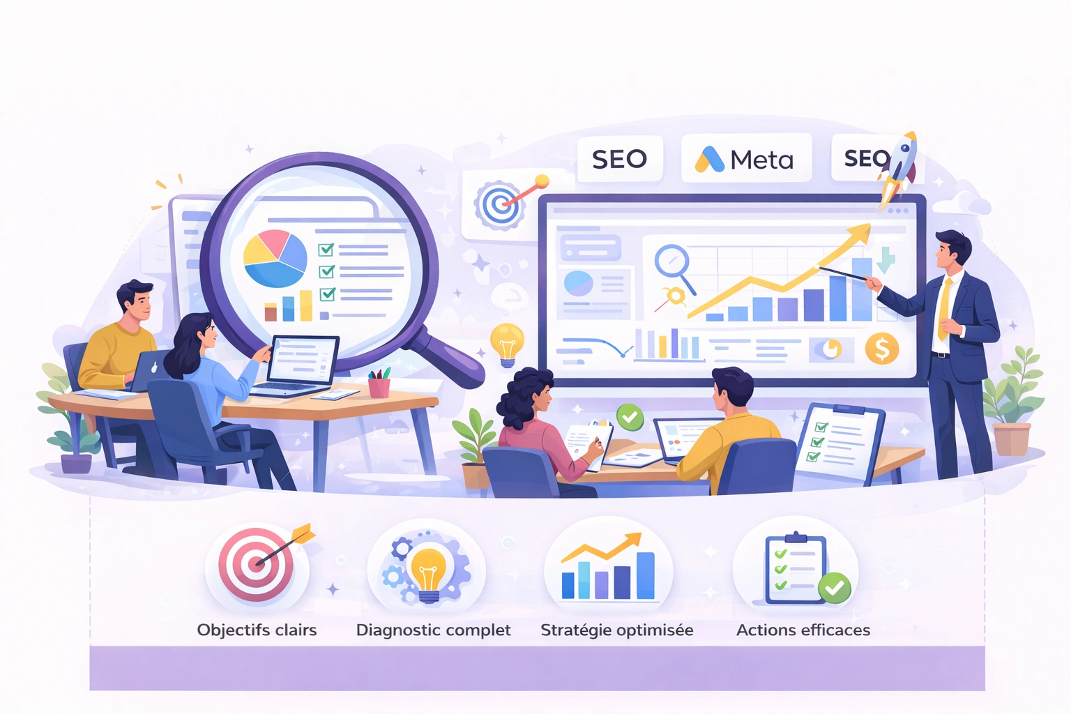 A_colorful_digital_illustration_showcases_a_digital Illustration audit digital avant stratégie SEO et Google Ads avec analyse de données et tableau de performance