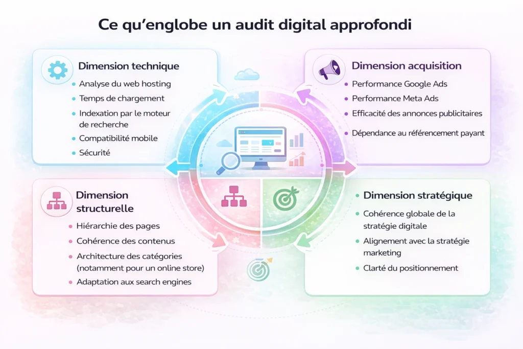Ce qu’englobe un audit digital approfondi (infographie) Infographie montrant les dimensions d’un audit digital : technique, acquisition, structurelle et stratégique.
