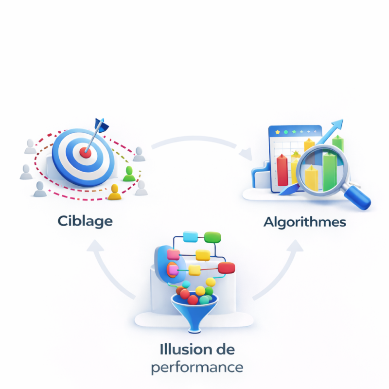 Illustration montrant le ciblage, les algorithmes Meta Ads et l’illusion de performance sans conversion réelle