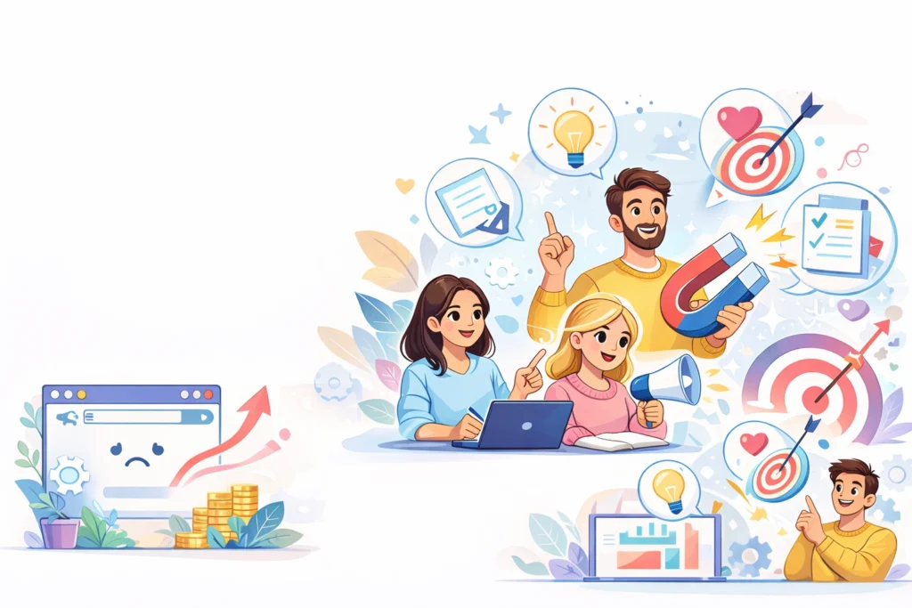 contenu-intention-target-audience-illustration Illustration flat design représentant une stratégie de content marketing avec cible, aimant, graphiques et équipe en action.