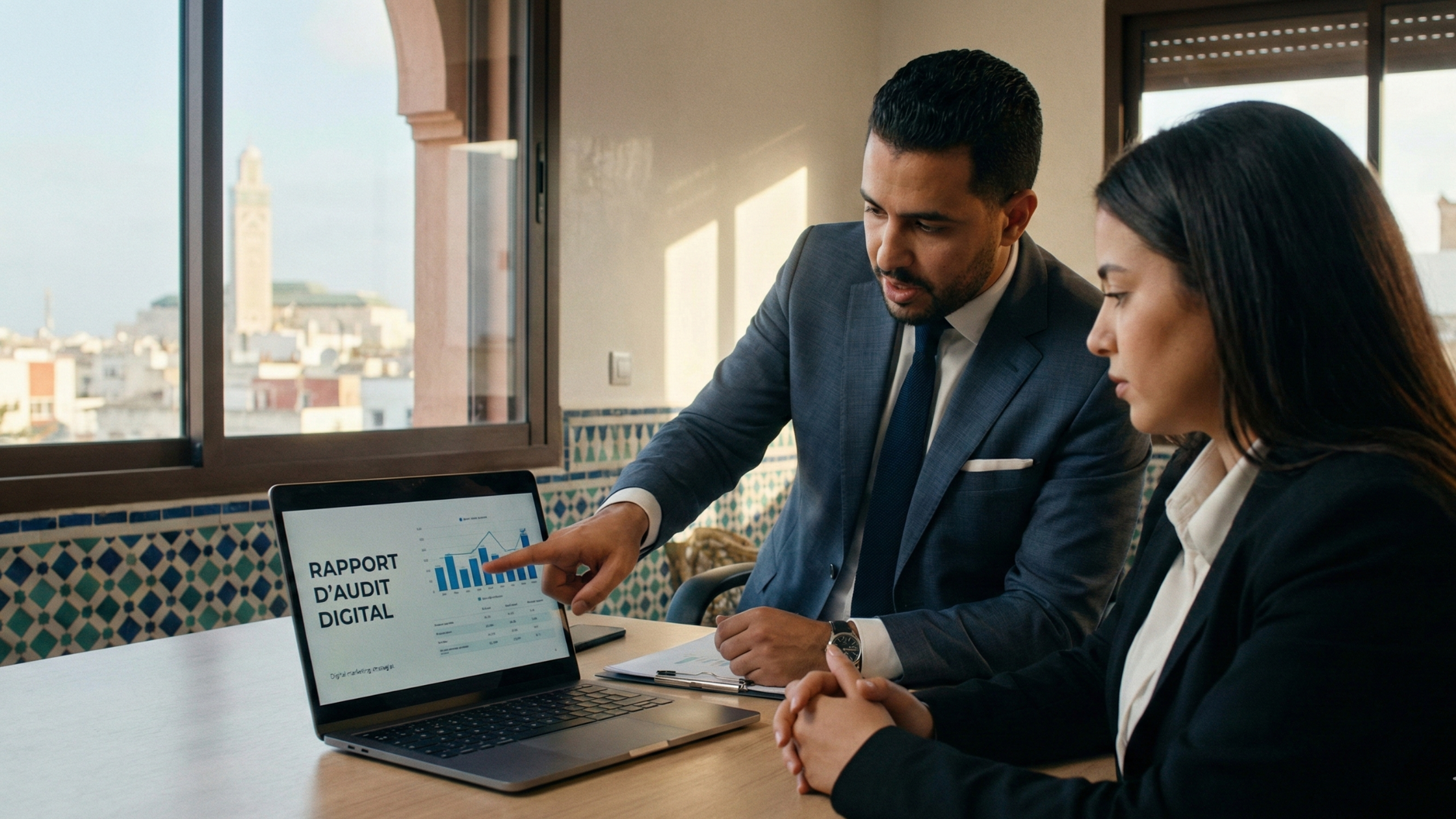 Audit digital et analyse de performance – Mivara Agency Consultants analysant un rapport d’audit digital et des données de performance marketing