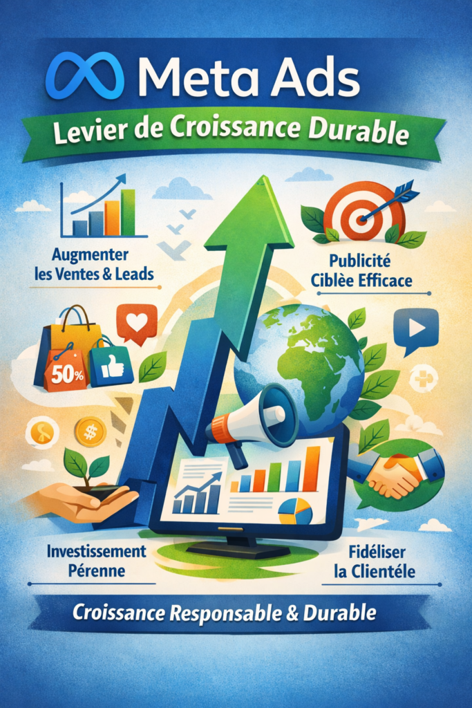 Illustration montrant Meta Ads comme levier de croissance durable intégré à une stratégie digitale globale