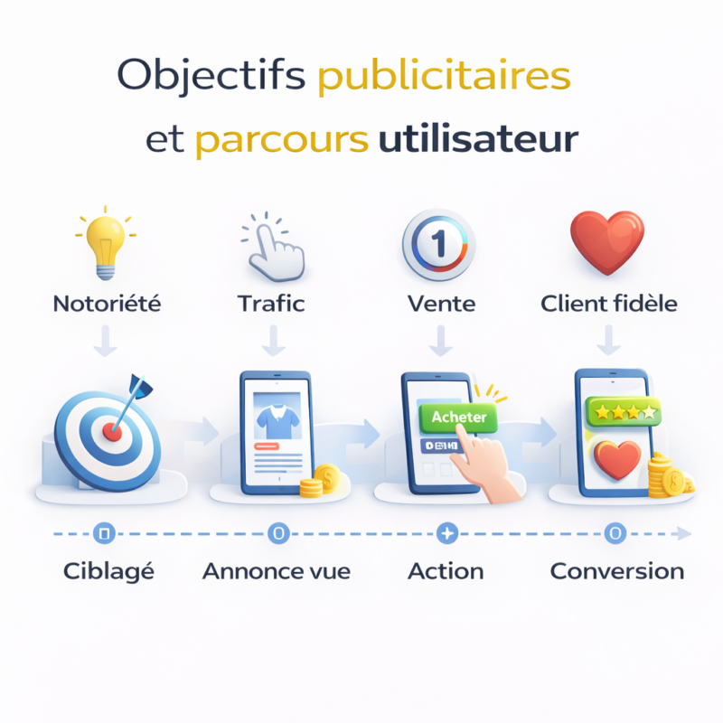 Schéma montrant la relation entre Meta Ads, site web optimisé et conversion des visiteurs