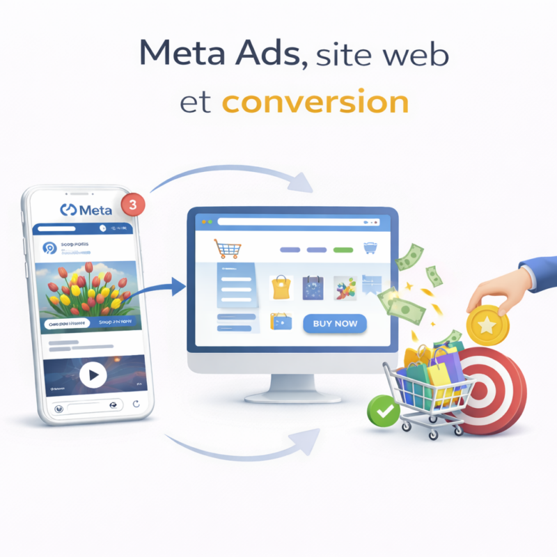 Schéma des objectifs publicitaires Meta Ads alignés avec le parcours utilisateur de la notoriété à la conversion