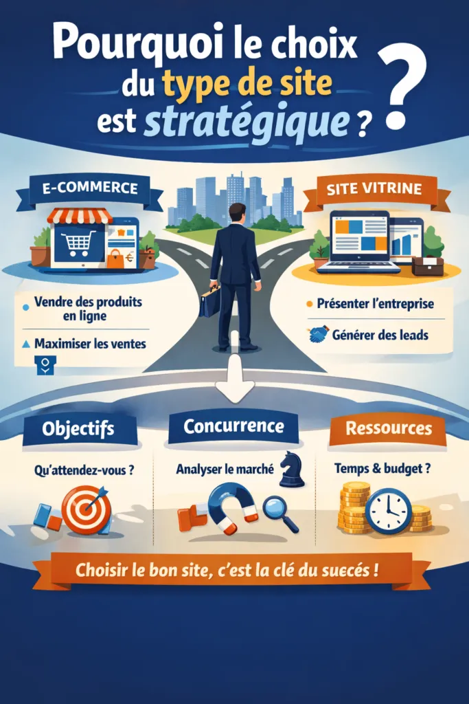 Pourquoi le choix du type de site web est stratégique Illustration montrant pourquoi le choix du type de site web est stratégique entre site vitrine et site e commerce