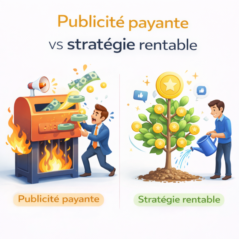 Illustration comparant une publicité payante isolée à une stratégie digitale rentable et durable