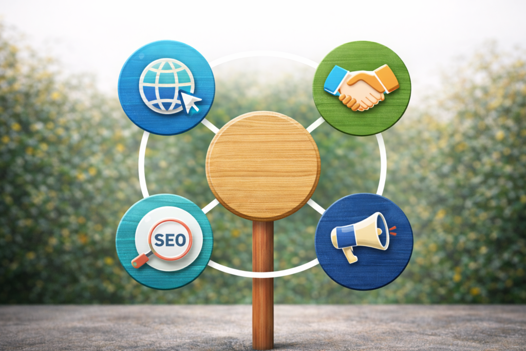 Schéma circulaire illustrant les objectifs business des réseaux sociaux : trafic web, confiance client, publicité et SEO.