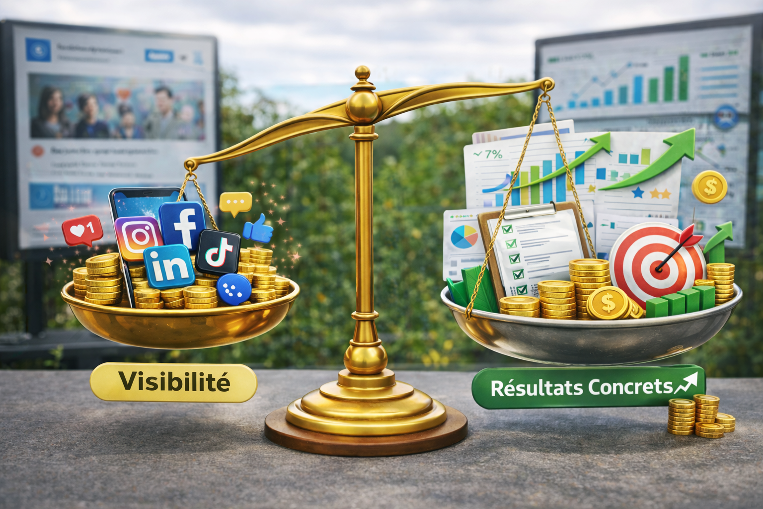 Réseaux sociaux : visibilité ou résultats concrets ? Balance comparant la visibilité sur les réseaux sociaux et les résultats marketing concrets avec graphiques et indicateurs de performance.