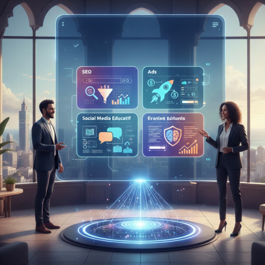 Illustration d’une stratégie digitale intégrée combinant SEO, publicité en ligne et réseaux sociaux